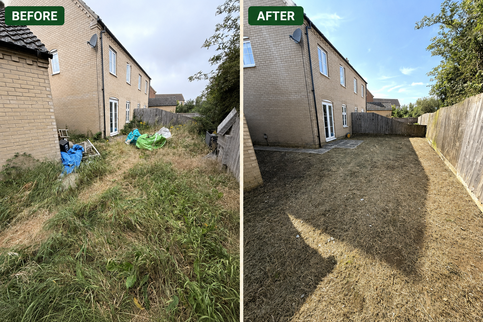 Before and after garden clearance in Ely, Cambridgeshire